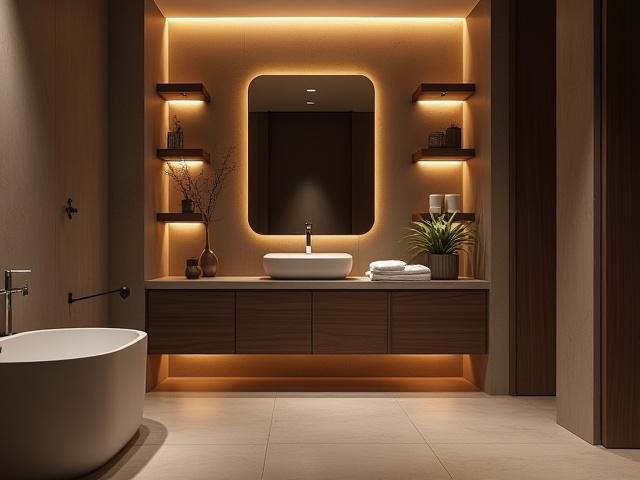 Luksuriøst baderom med fliser i steinlook, innebygde hyller og dempet belysning.